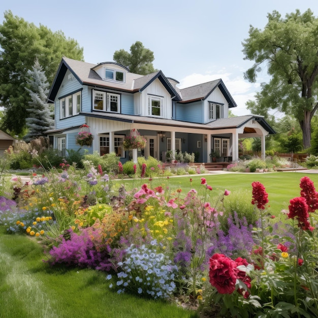 Kleurige bloementuin voor een blauw huis