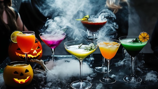 Kleurige cocktails in halloween stijl met rook op een donkere feestelijke achtergrond feest in een donkere en sinistere stijl alcoholische en niet-alcoholische cocktails