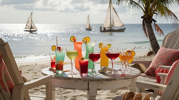 Foto kleurige cocktails op een houten tafel op de achtergrond van de zee