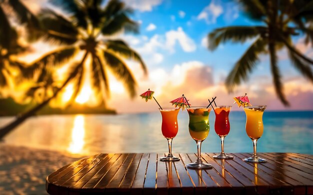 Kleurige cocktails op het strand bij zonsondergang selectieve focus