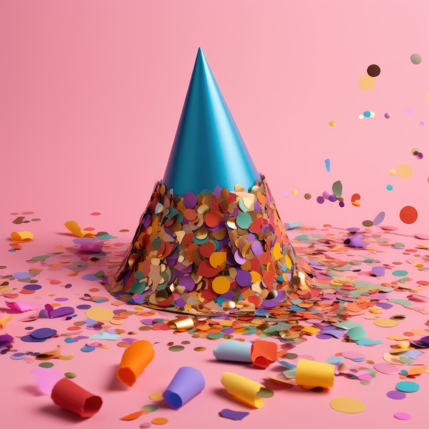 Kleurige confetti en feesthoed op een kleurrijke achtergrond Generatieve AI