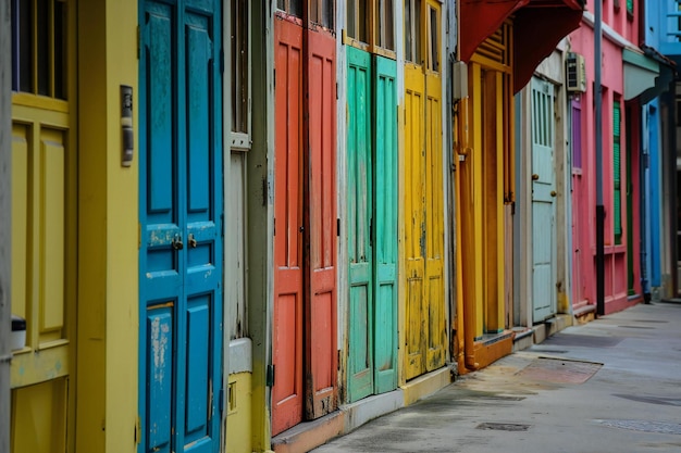 Kleurige deuren in een rij op een straat in Lissabon, Portugal