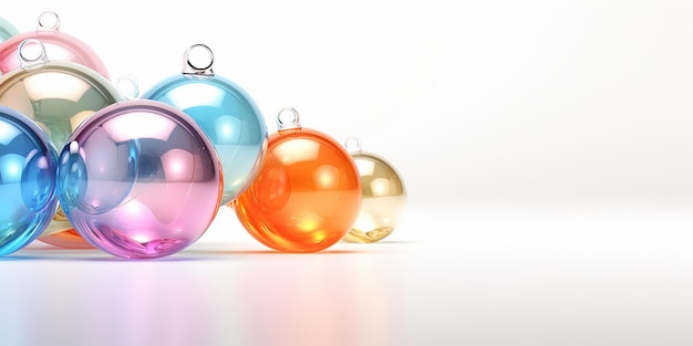 Kleurige doorzichtige kerstballen op witte achtergrond Illustratie voor het ontwerpen van afdrukken Kopieerruimte