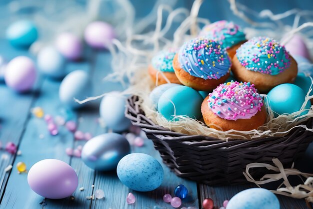 Kleurige eieren in een nest op een blauwe houten achtergrond en koekjes met de tekst 'Vrolijk Pasen'