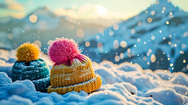 Foto kleurige gebreide hoeden met op sneeuw achtergrond