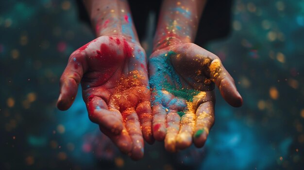 Kleurige handen op het Holi-festival.