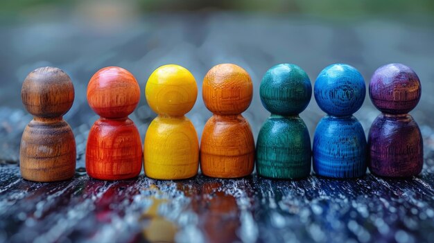 Foto kleurige houten schaakstukken pionnen van verschillende kleuren in een rij diversiteitsconcept