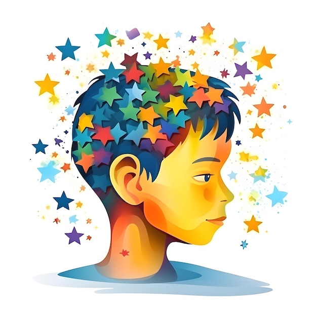 Kleurige illustratie van een menselijk hoofd gevuld met sterren de diversiteit van het autisme spectrum