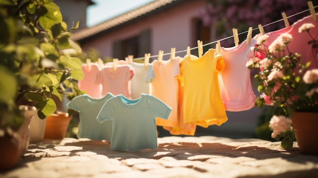 Kleurige kinderkleding wordt gedroogd op de waslijn in de tuin buiten in de zon.