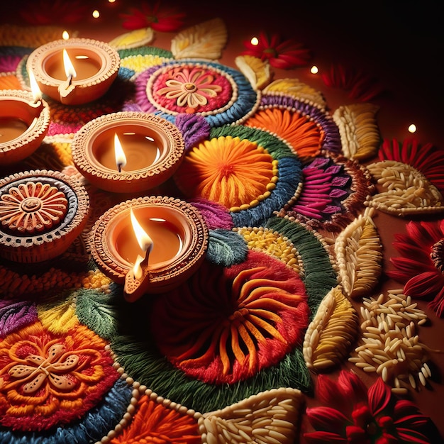 Kleurige klei diya lampen met bloemen op een paarse achtergrond Gelukkige Diwali Indiase Generatieve AI