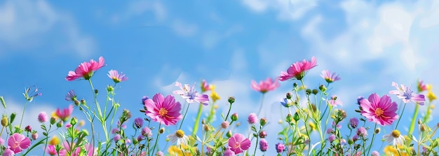 Kleurige kosmische bloemen bloeien onder een zonnige blauwe hemel.