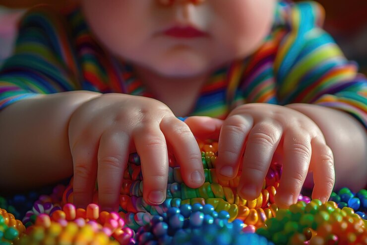 Kleurige kralen worden onderzocht door een baby in een speelse omgeving tijdens een zonnige middag Generatieve AI