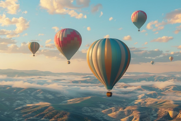 Kleurige luchtballonnen die over landschappen drijven