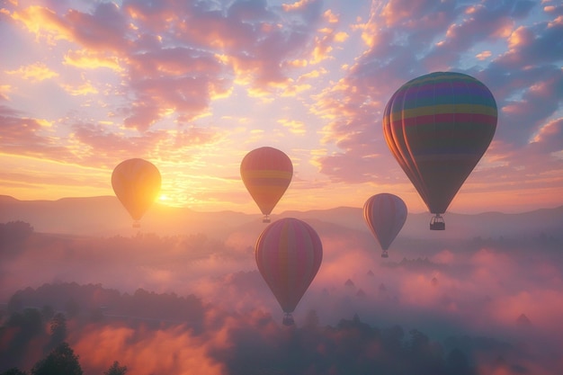 Kleurige luchtballonnen drijven bij zonsopgang