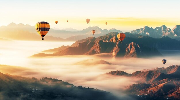 Foto kleurige luchtballonnen drijven over de berg.