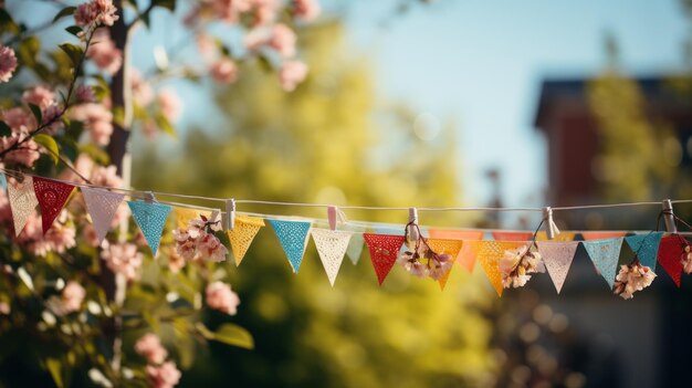 Foto kleurige papieren vlaggen hangen op een touwtje met een boom op de achtergrond