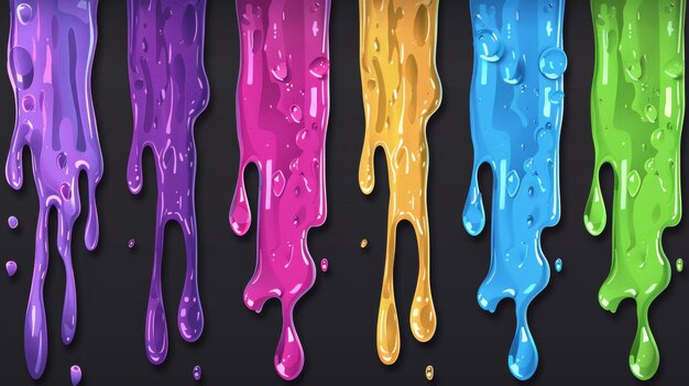 Kleurige patronen van jelly verf of siroop die in verschillende kleuren stromen druppelende vloeistof met bubbels Moderne naadloze patronen van Jelly verf siroop of goo die in verschillende kleur stromen