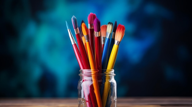 Kleurige penseelen in een glazen pot op een houten tafel klaar voor een kunstenaar39s creatief meesterwerk