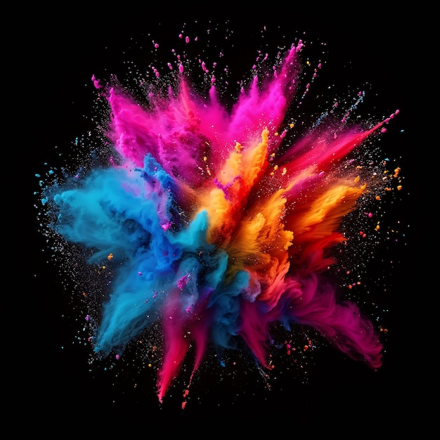 Kleurige poederexplosie op zwarte achtergrond Vibrerend deeltjesburst-effect