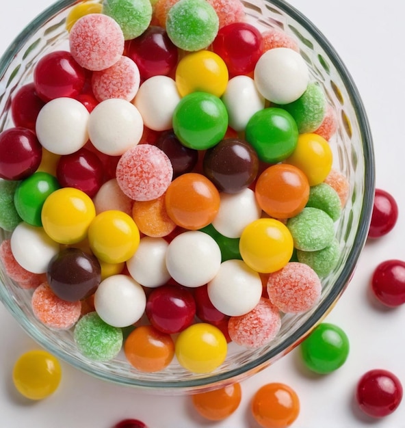 Kleurige snoepjes in een glazen schaal op een witte achtergrond