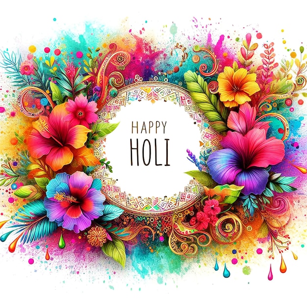 Kleurige splash Gelukkige Holi traditionele hindoe-feestviering met een bloemen achtergrond sjabloon