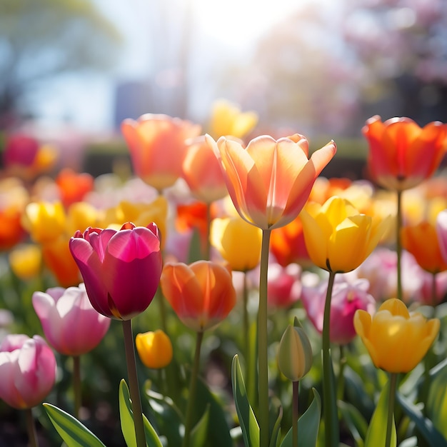 Kleurige tulpenbloemen bloeien in de lente tuin Natuurlijke bloemen achtergrond