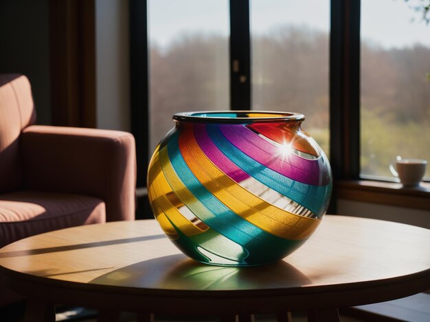 Kleurige vazen op een tafel in een moderne woonkamer