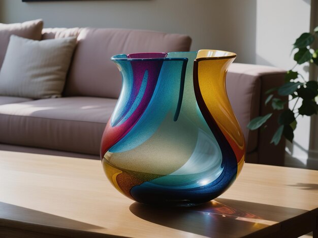 Kleurige vazen op een tafel in een moderne woonkamer