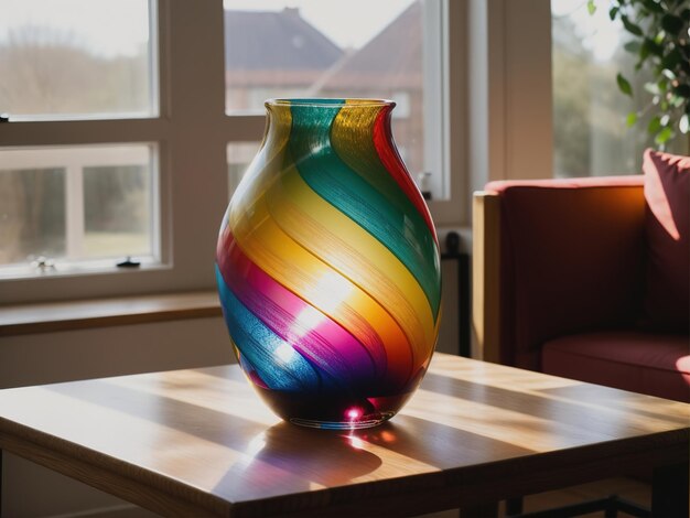 Kleurige vazen op een tafel in een moderne woonkamer