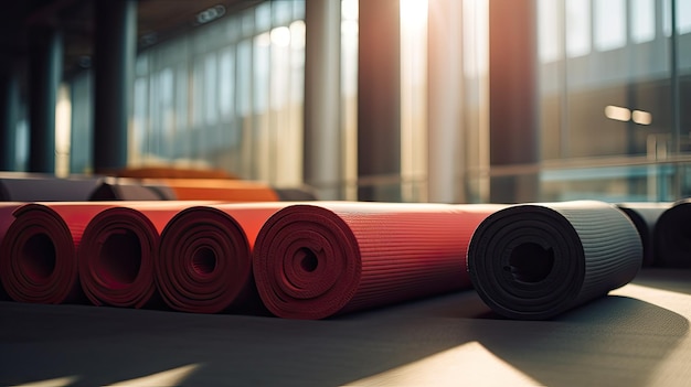 Foto kleurige yogamatten worden in een lege sportschool van een fitnesscentrum in een rol gerold. een helder verlichte grote zaal voor sport en ontspanning.