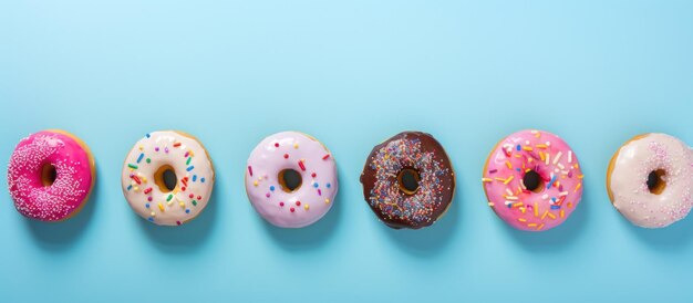 Kleurige zoete donuts met verschillende toppings geïsoleerd op lichtblauwe achtergrond Genereren AI-beeld