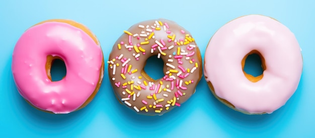 Kleurige zoete donuts met verschillende toppings geïsoleerd op lichtblauwe achtergrond Genereren AI-beeld