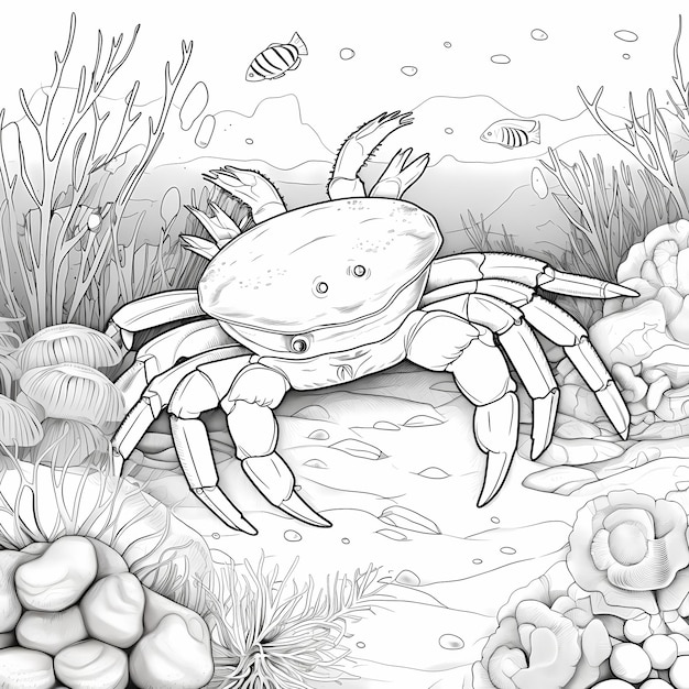 kleurpagina voor kinderen een krab onder water met vis cartoon stijl