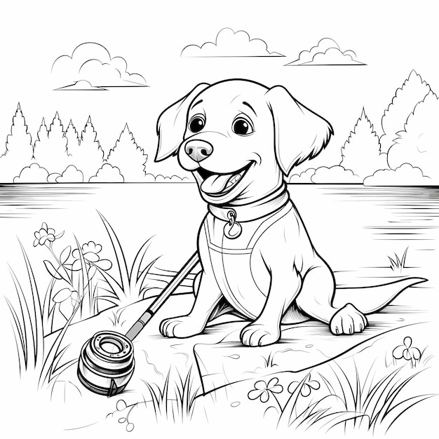 kleurpagina voor kinderen volwassen labrador retriever vissen cartoon stijl