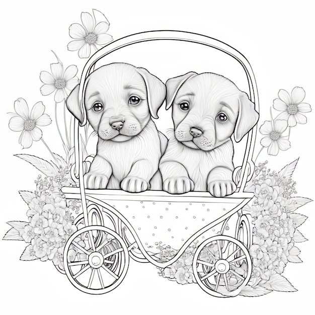 Foto kleurplaat cartoon-stijl pagina voor kinderen cartoon-stijl speelse 2 puppy's die in een koets zitten