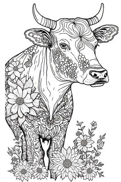 Kleurplaat koe met bloemen tribale stijl mandala stijl denk lijnen