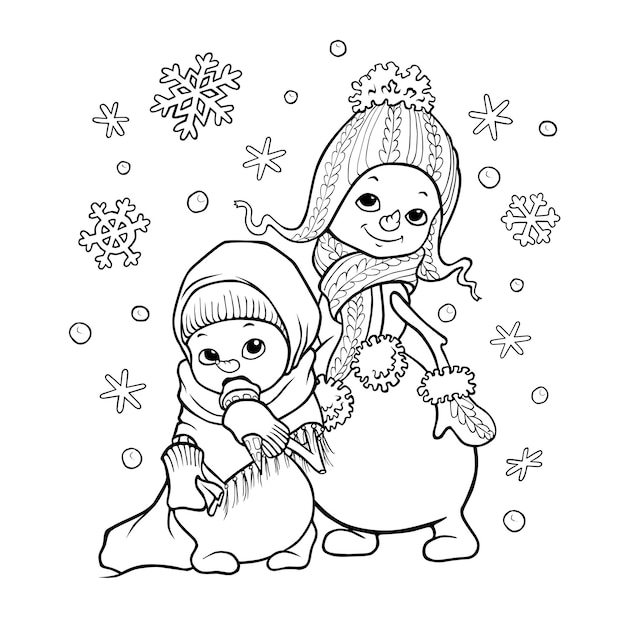 Kleurplaat Leuke cartoon sneeuwpoppen meisjes in gebreide hoeden en handschoenen omringd door sneeuwvlokken
