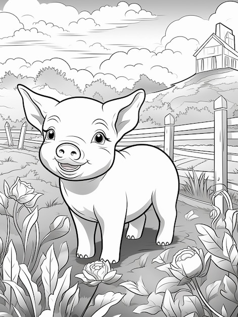 kleurplaat van een varken in een boerderij met een schuur op de achtergrond generatieve ai