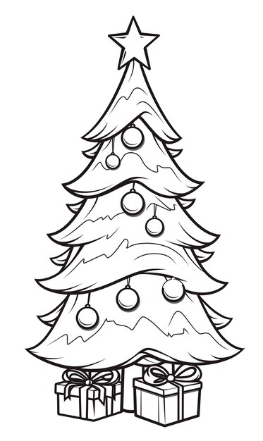 Kleurplaat van kerstboom zwart-wit illustratie op witte achtergrond