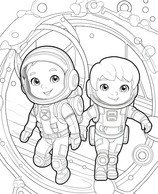 Kleurplaat van twee astronauten in de ruimte, de een draagt een ruimtepak en de ander een helm.