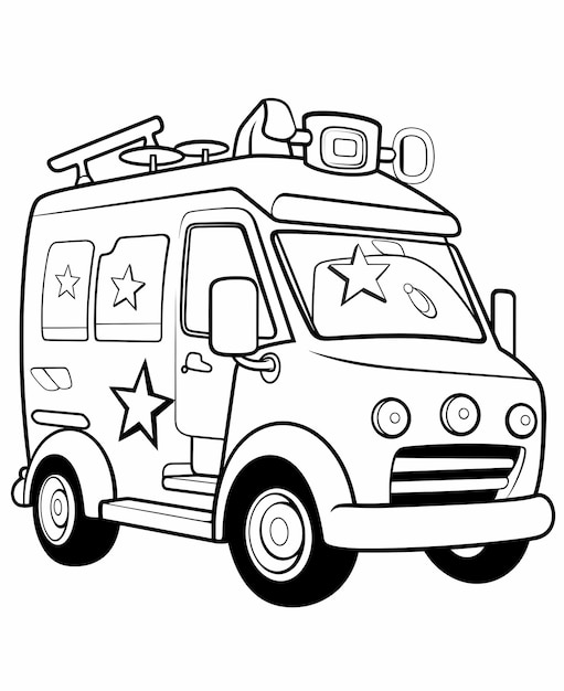 Foto kleurplaat voor kinderen ambulance cartoon stijl eenvoudige zwart-witte lijntekeningen