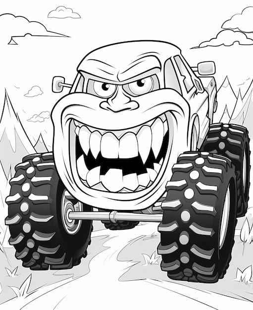 Foto kleurplaat voor kinderen monster truck cartoon stijl eenvoudige zwart-wit lijn kunst