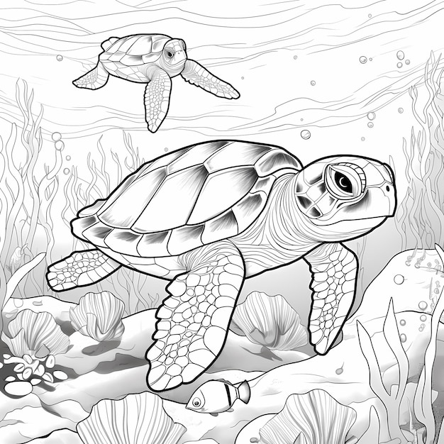 kleurplaat voor kinderen zeeschildpadden cartoon stijl dikke lijnen