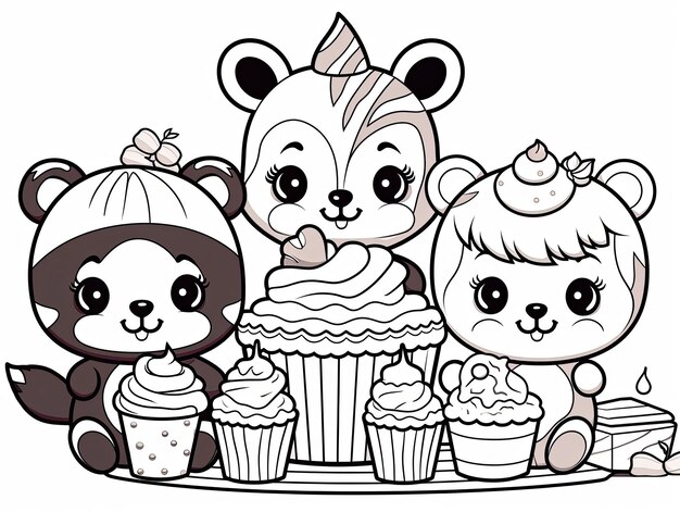 Foto kleurplaten een groep schattige cartoondieren die genieten van heerlijke cupcakes