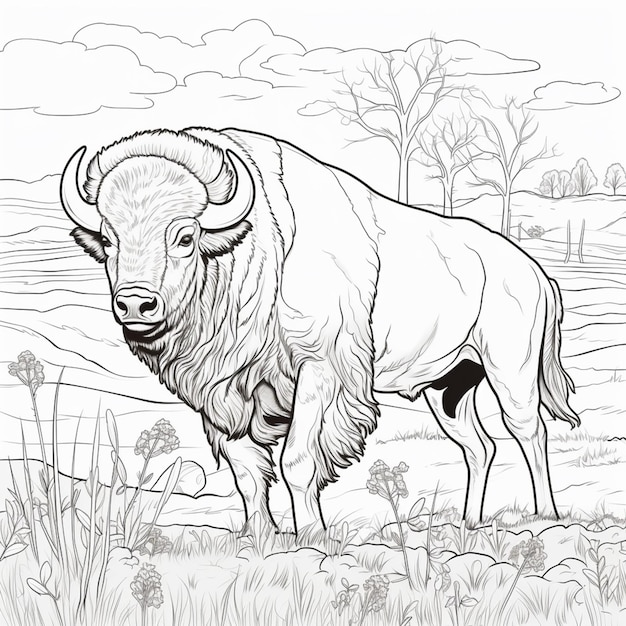 kleurplaten van een buffel die in een veld staat met een hemelachtergrond generatieve ai
