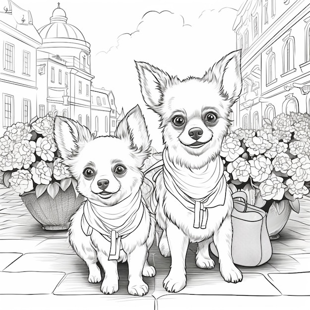 kleurplaten van twee honden in een stad met bloemen generatieve ai