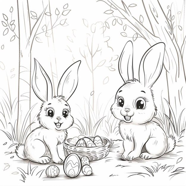 kleurplaten voor kinderen van twee konijnen met een mandje eieren generatieve ai