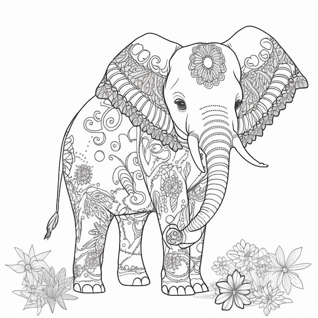 Foto kleurplaten voor volwassenen olifant met bloemen en bladeren generatieve ai