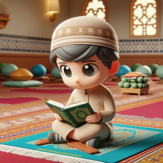 Kleurrijk 3D-beeld van een klein kind op een gebedsmat