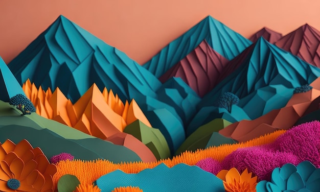 Kleurrijk abstract berglandschap met velden in de regenboog kleur van papieren bloemen